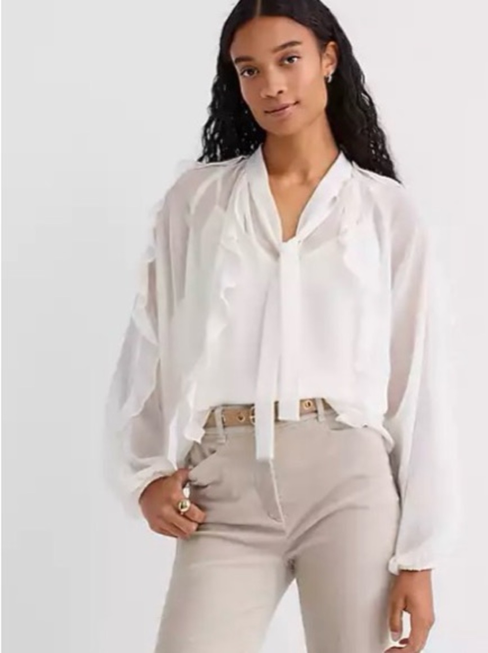 LOFT White Ruffle Tie-Neck Blouse Size Small Petite